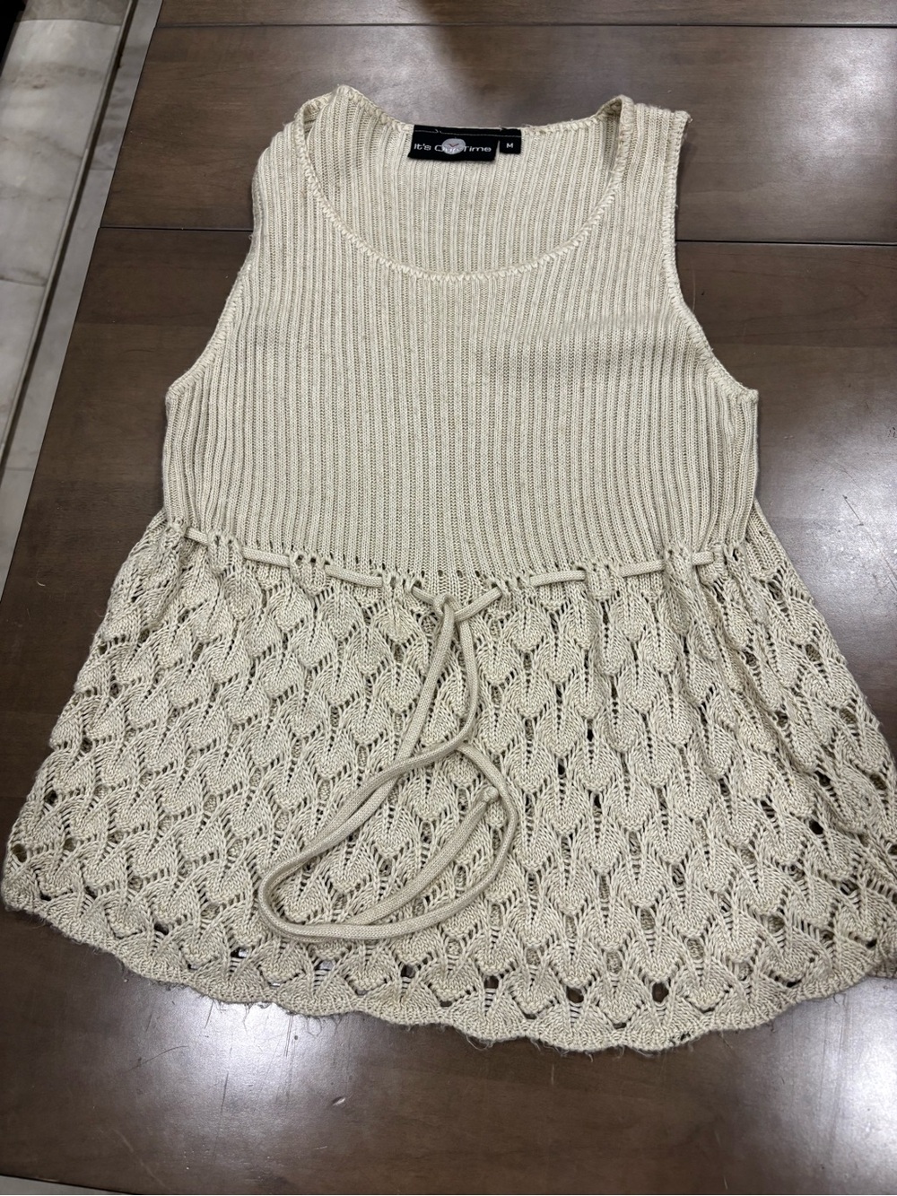 Beige Knit Tank Top with Crochet Hem